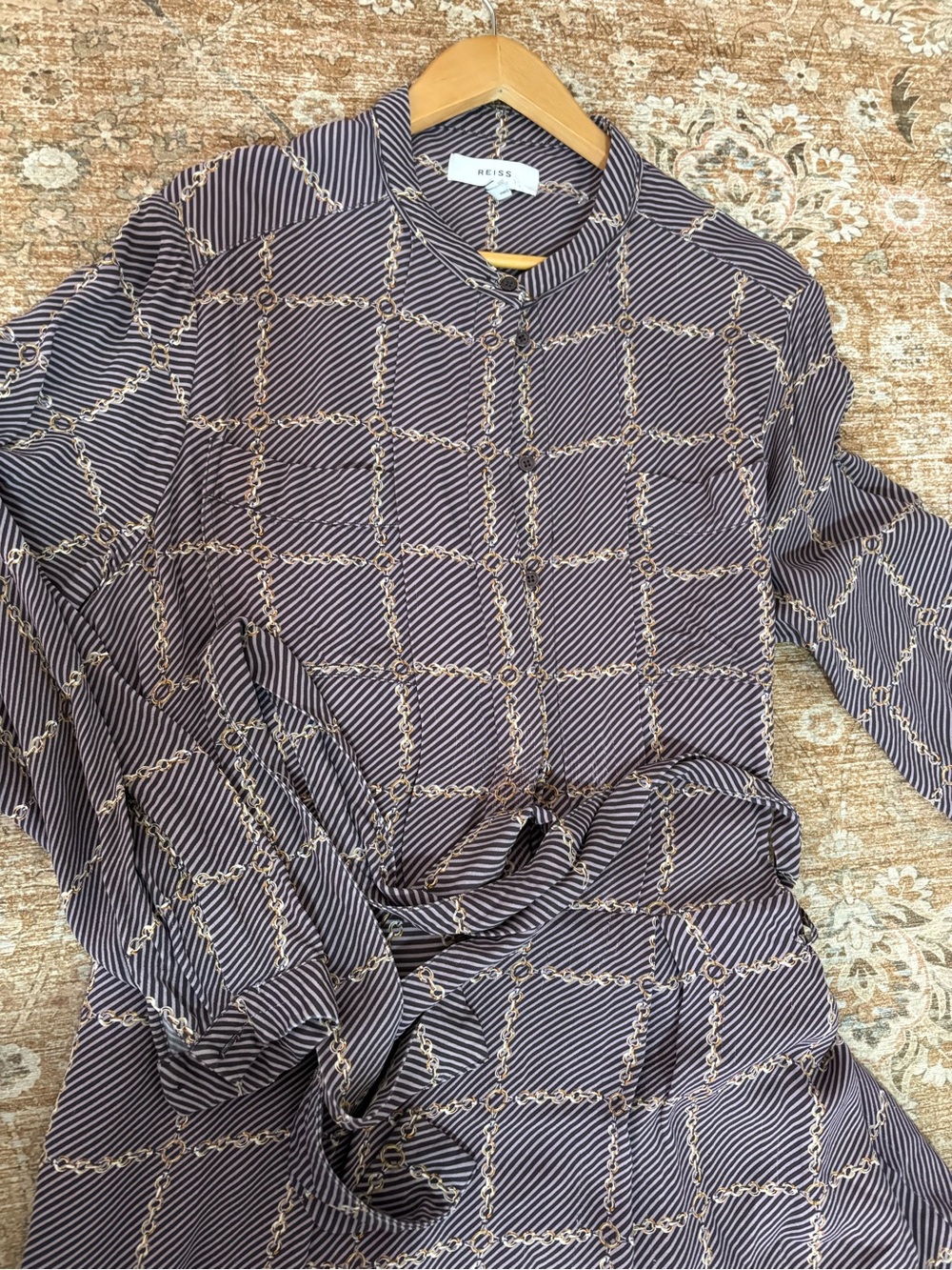 Reiss Navy and Gold Chain-Grid Button Down Blouse Nico  chain print belted